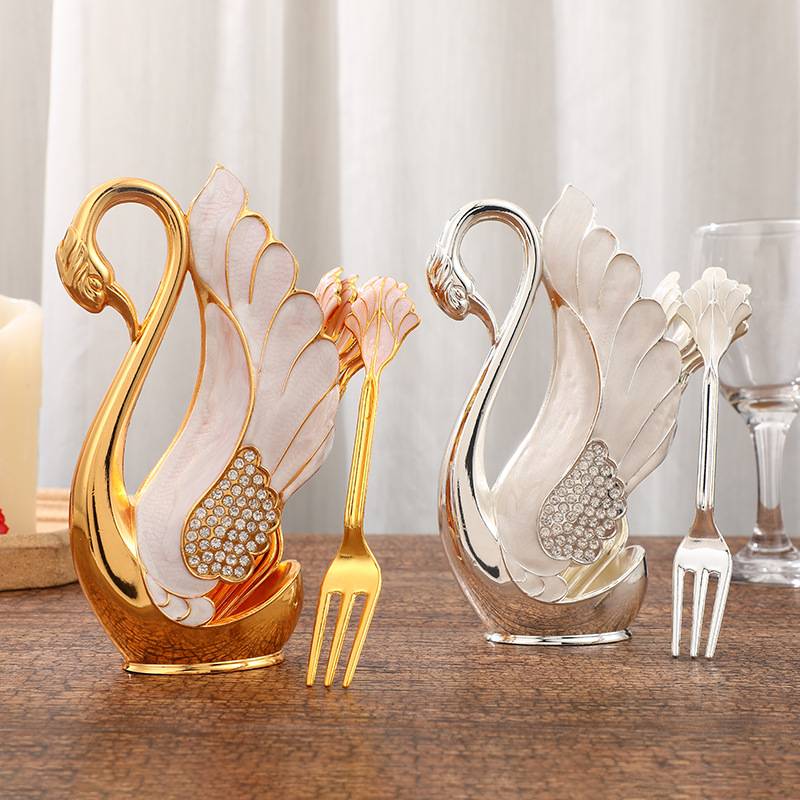 Swan Spoon Holder, Golden And Silver Swan Frame, Swan Decoration, Alloy Handicraft - kitchenly.pk