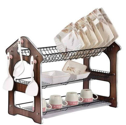 3 tier 3 Layer Dish Rack bartan stand with Antique wooden panel